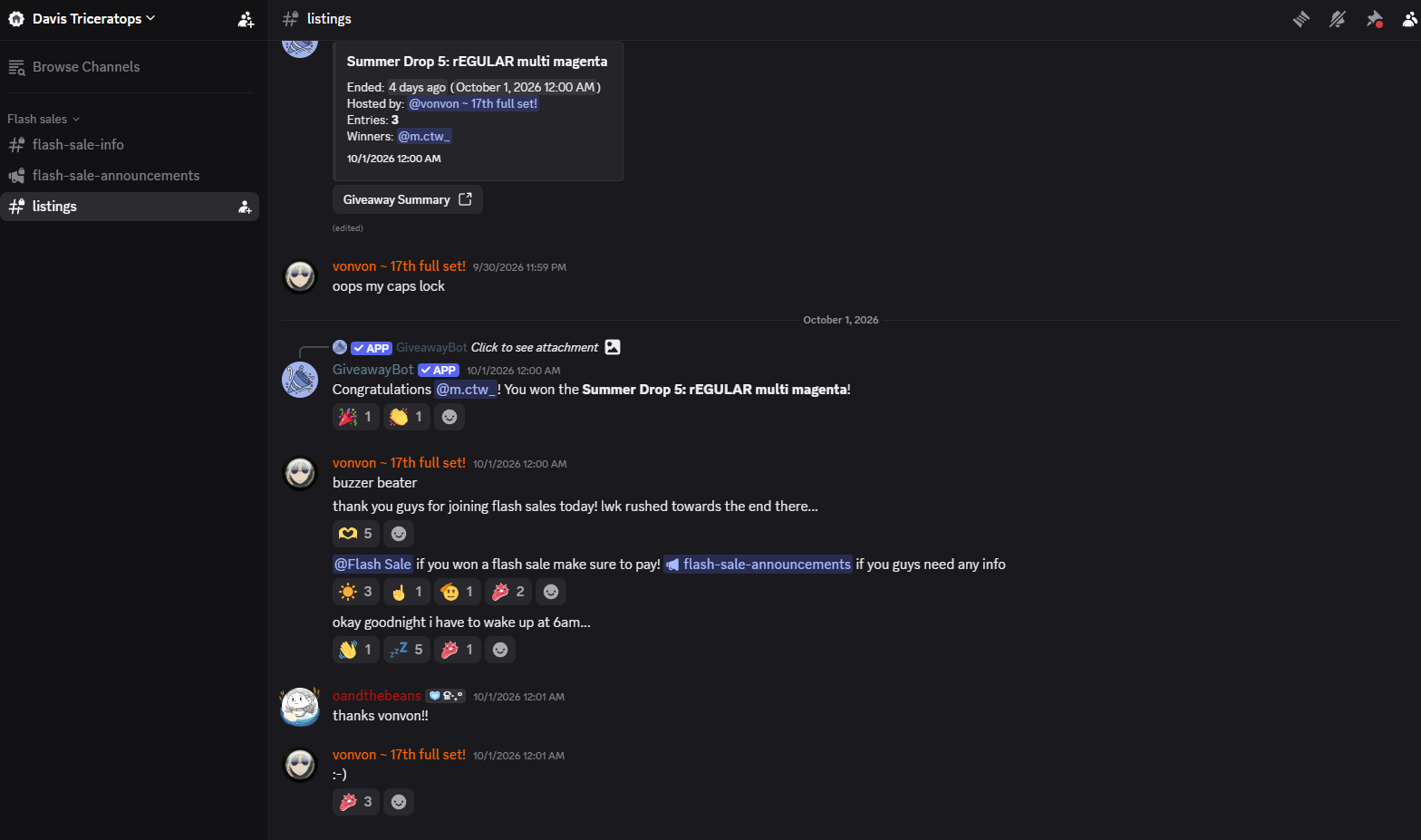 The #listings channel under the Flash Sales category in Discord
