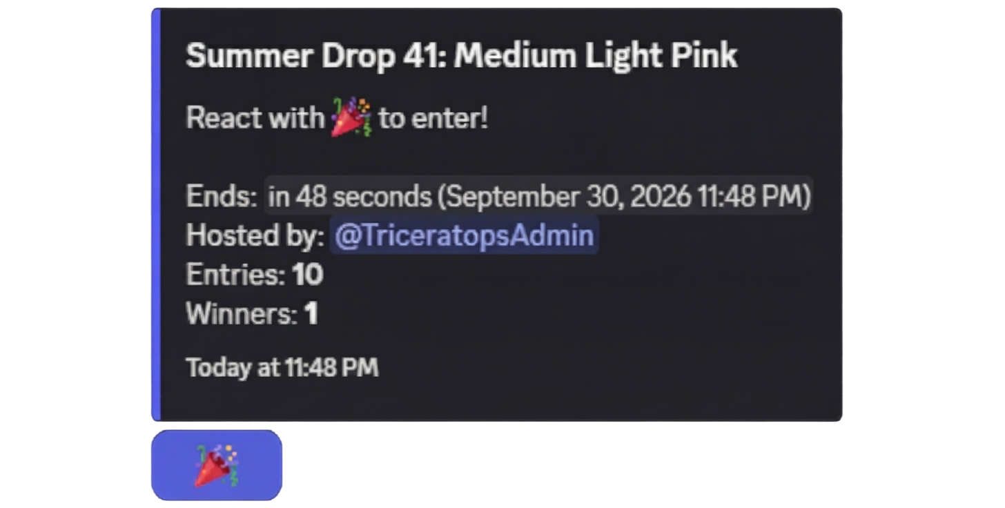 A GiveawayBot listing showing the dino, a countdown timer and the reaction to enter