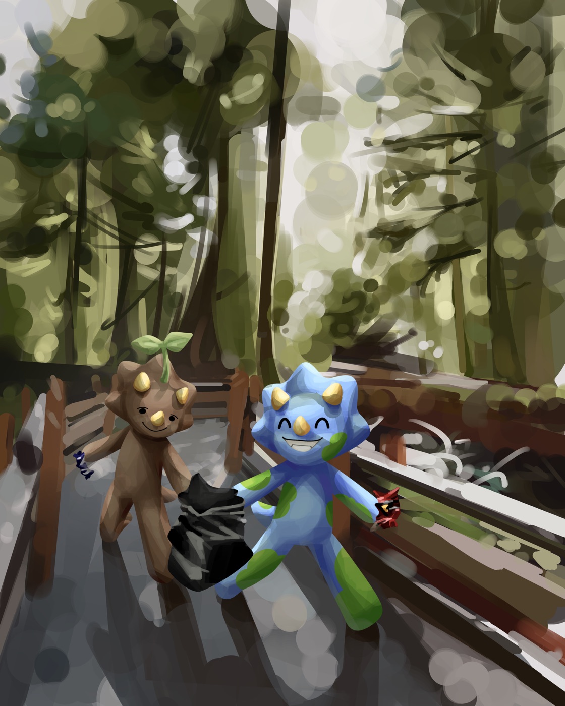 Two triceratops plushies on a wooden bridge in the forest