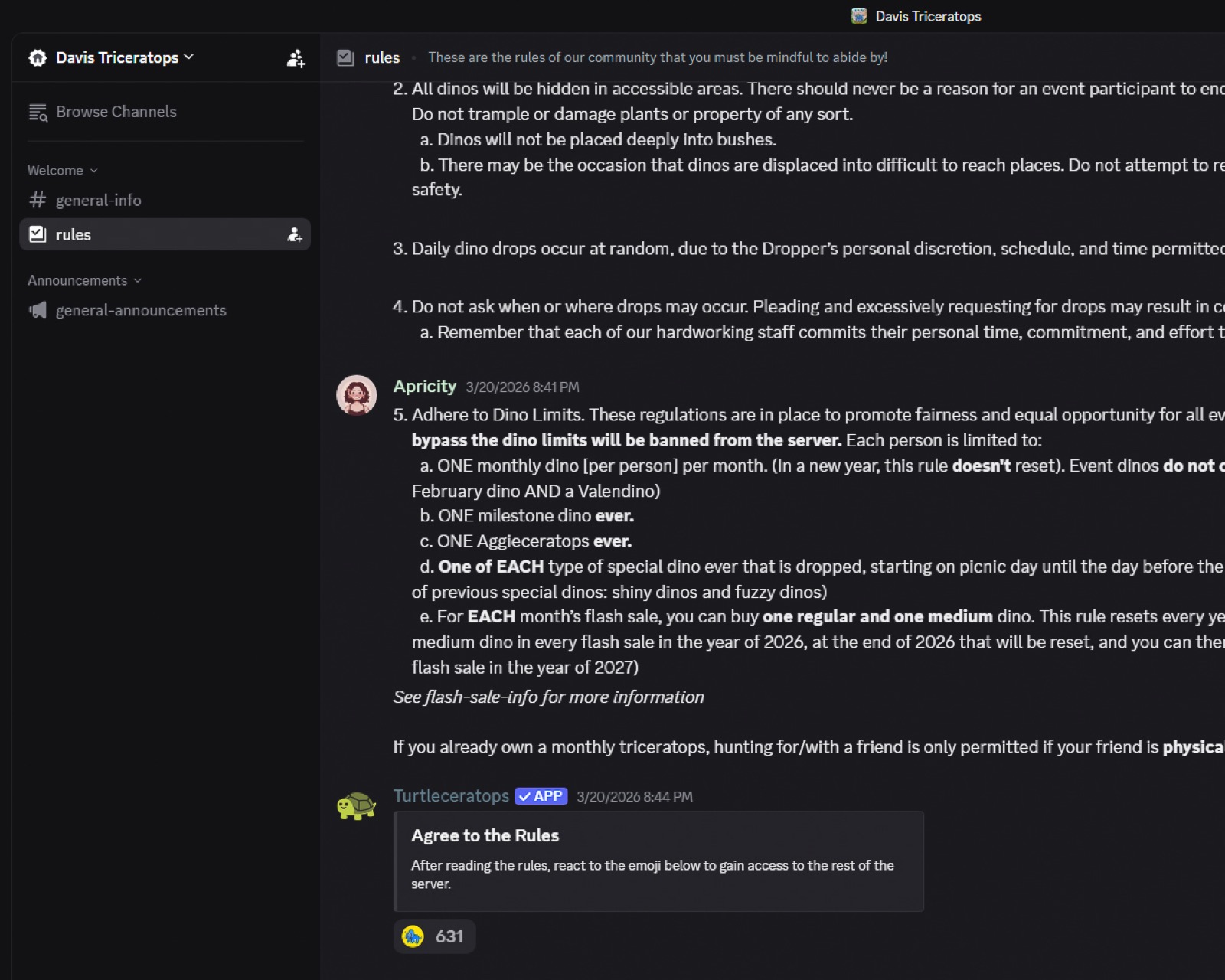 The #rules channel in the Davis Triceratops Discord server