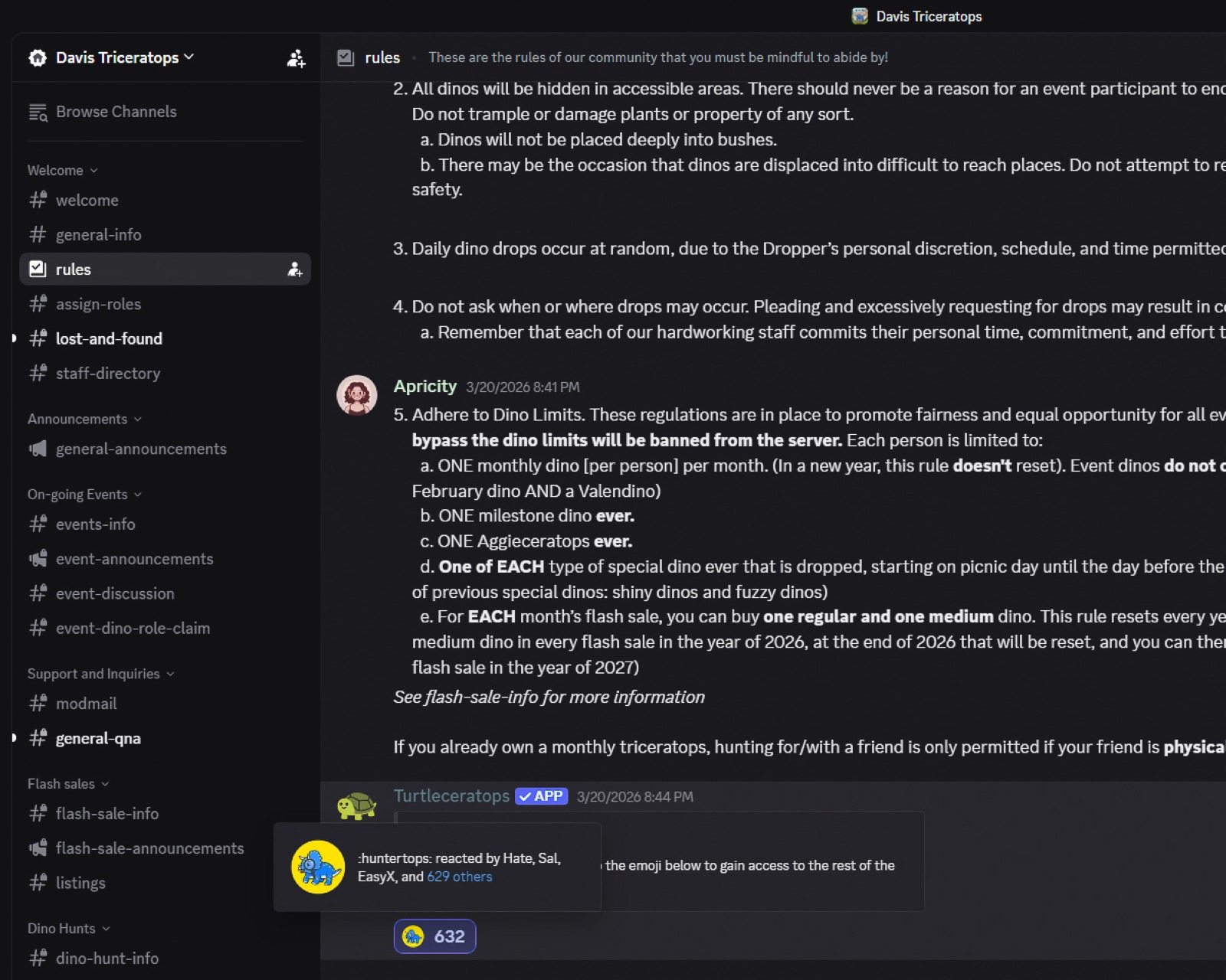 The Turtleceratops message under the rules, ready to be reacted to