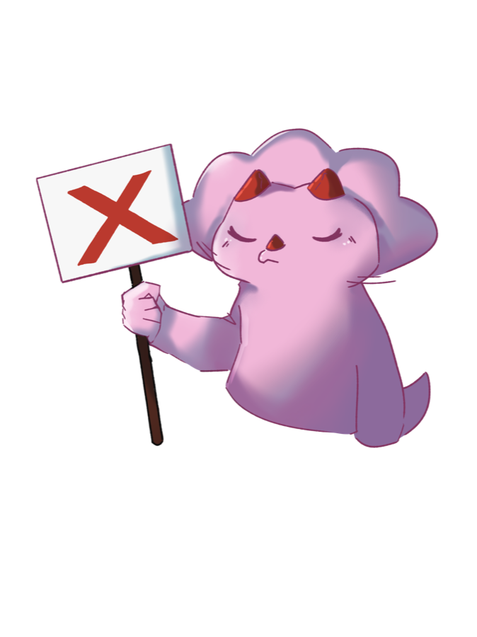 A pink triceratops holding an X sign