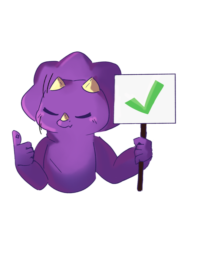 A purple triceratops giving a thumbs up and holding a check mark sign