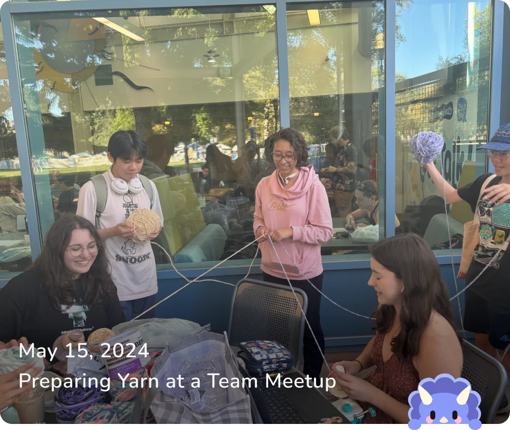 May 15, 2024 — Preparing Yarn at a Team Meetup: members winding yarn together at an outdoor table.