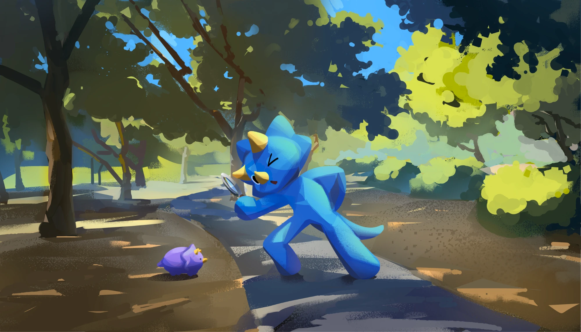A blue triceratops inspecting a small purple dino with a magnifying glass on a park path