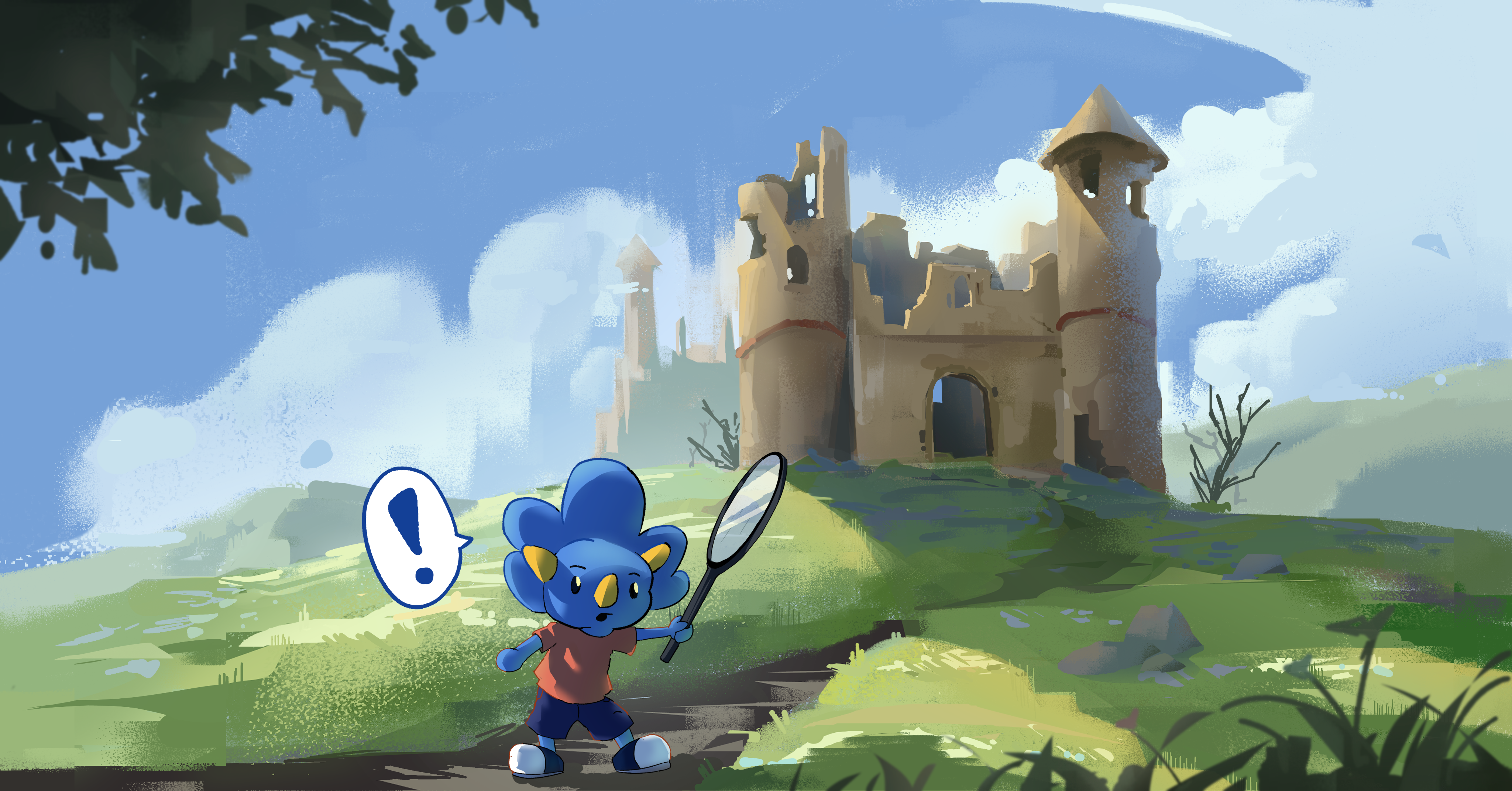 A blue triceratops holding a magnifying glass on a grassy path in front of castle ruins