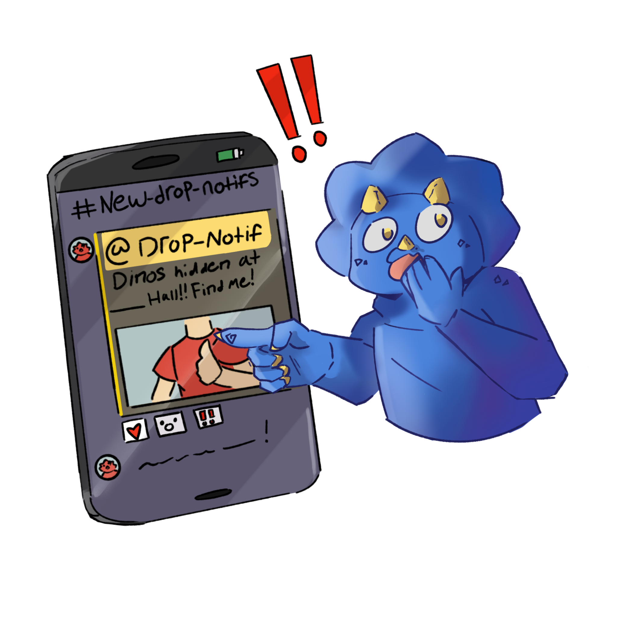 A blue triceratops excitedly pointing at a dino drop notification on a phone
