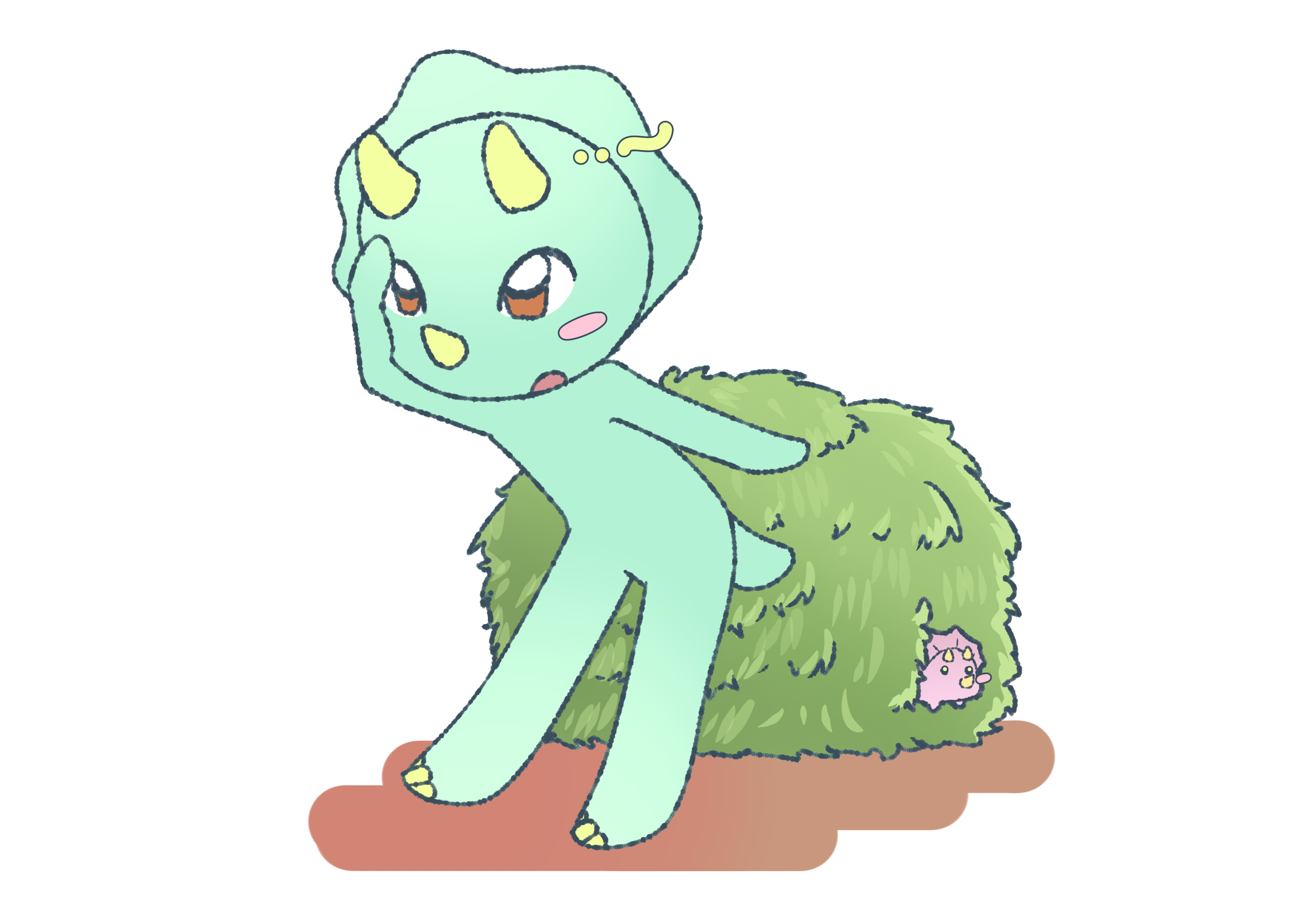 A green triceratops searching through a bush